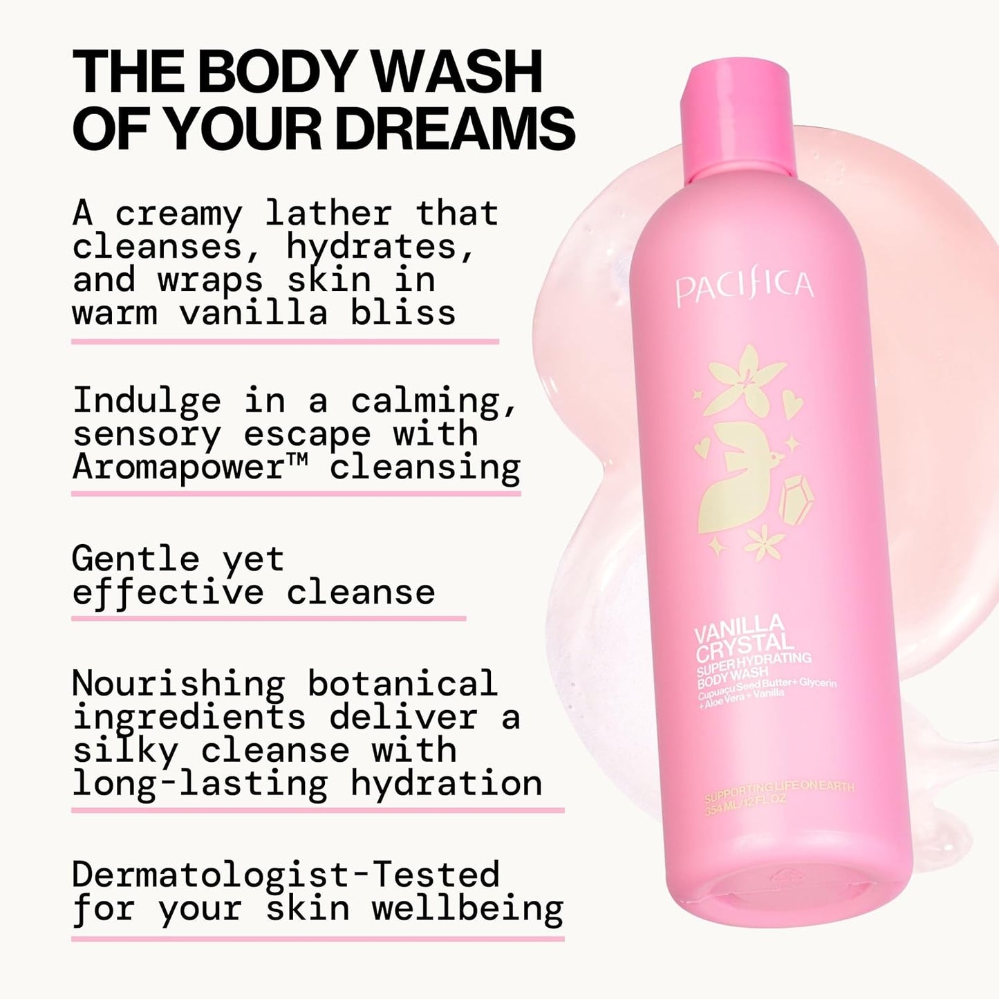 Pacifica Body Wash - Vanilla Crystal Super Hydrating Body Wash - Bath & Shower Gel - Clean Beauty, Vegan & Cruelty-Free Dermatologist Tested
