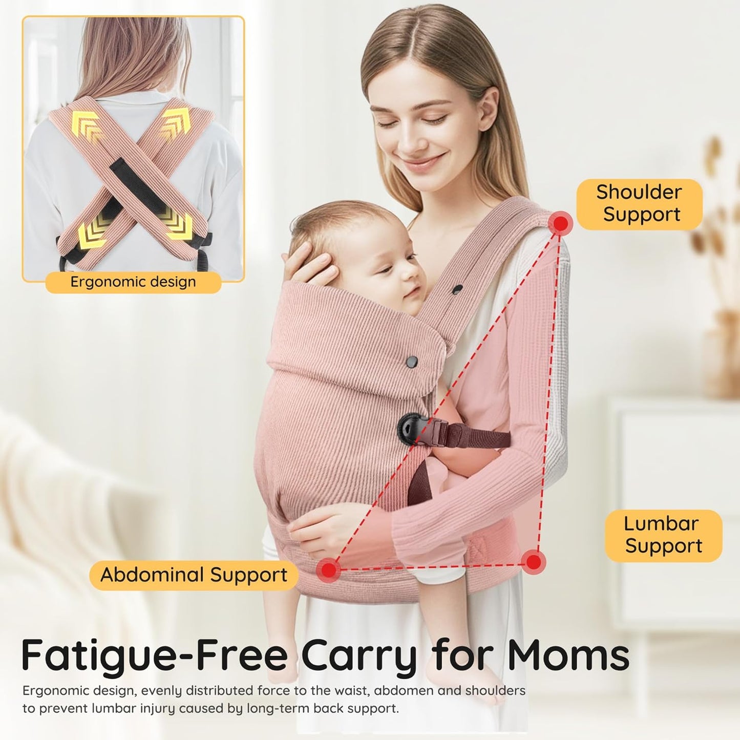 Baby Carrier Newborn to Toddler- Ergonomic,Cozy and Lightweight Infant Carrier for 7-40lbs,3 Carry Positions Newborn Carrier,Pink