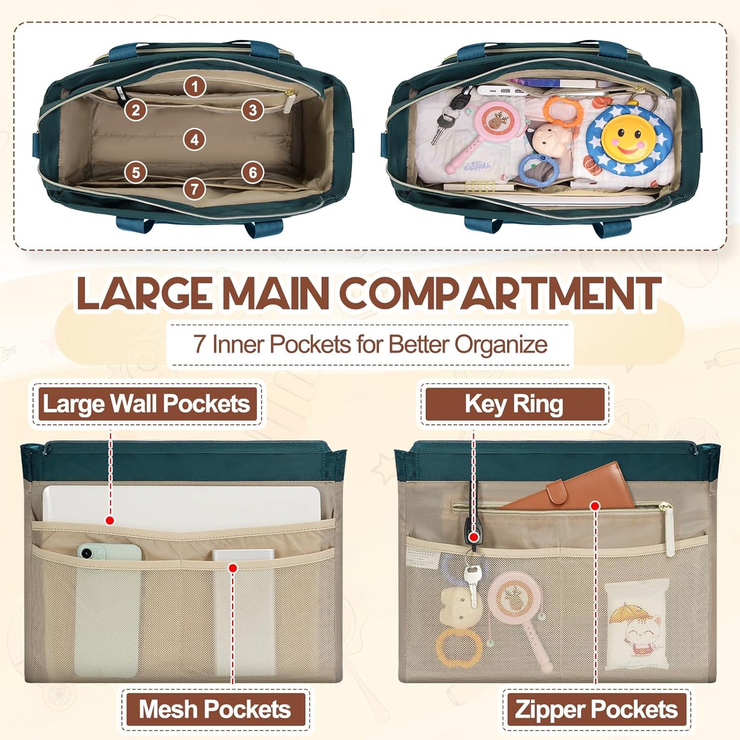 RAINSMORE Diaper Bag Tote, Large Diaper Baby Bag Waterproof Multifunctional Diaper Bag with Pacifier Case & Changing Pad