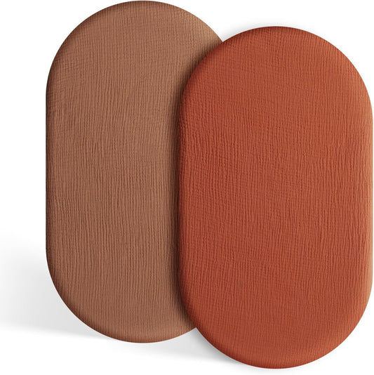 TILLYOU Muslin Bassinet Sheets Girls Boys, 100% Cotton Bassinet Sheets, Fit Oval, Rectangle and Square Mattress, 2 Pack，Caramel&Brown