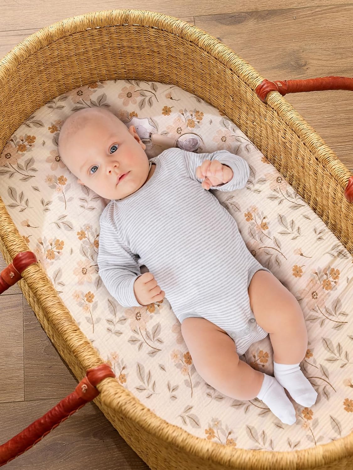 TILLYOU Muslin Bassinet Sheets for Baby Boys Girls 3 Pack, Soft Breathable Elastic Cotton Bassinet Mattress Sheets, Fit Hourglass Oval Rectangle Cradle Mattress, 33"X17",Yellow Flower