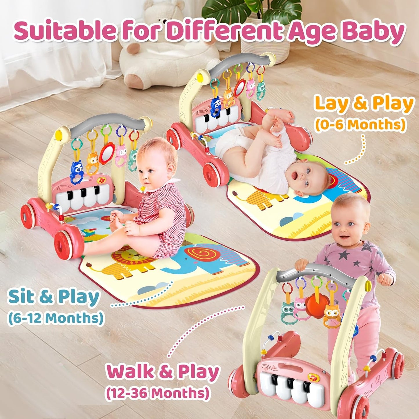 2 in 1 Baby Gym Play Mat with Walker, Kick and Play Piano Gym Activity for Boys Girls, Musical Activity Center Tummy Time Mat for 0-3-6-12-18 Months, Learning Walker Play Gym for Infant Girl Gift(RED)