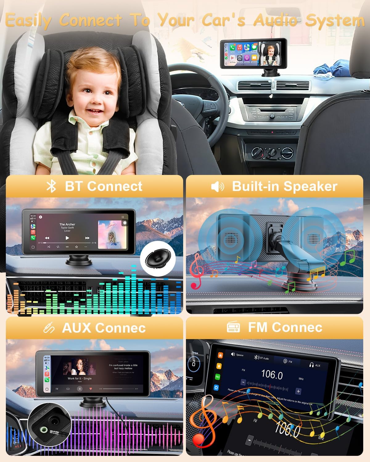 25HOURS YJ1 Baby Car Camera - 6.86" HD Car Baby Monitor Touchscreen with Apple CarPlay, 1080p Ultra IR Night Vision, 150° Wide Angle, Split Screen, 3X Zoom, GPS Navigation,FM,Siri, Plug-and-Play