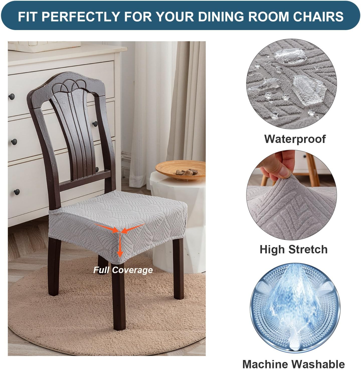 Waterproof Stretch Seat Covers,Dining Room Chair for 2 Set Removable Washable Chair Slipcover Protectors,Rear Covers,Light Grey
