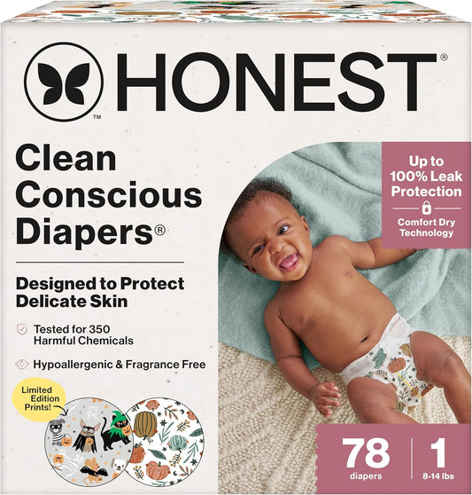 The Honest Company Clean Conscious Diapers for Delicate Skin | Up to 100% Leakproof | Hypoallergenic, Fragrance Free | Fall '25 Limited Edition Prints | Club Box, Size 1 (8-14 lbs), 78 Count