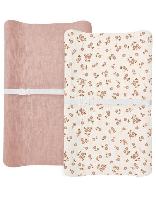 Changing Pad Cover for Baby Boy Girl 2 Pack, Muslin Changing Table Pad Covers with Boho Style, Neutral Nursery Bedding Essentials Soft and Breathable (Floral & Pink)