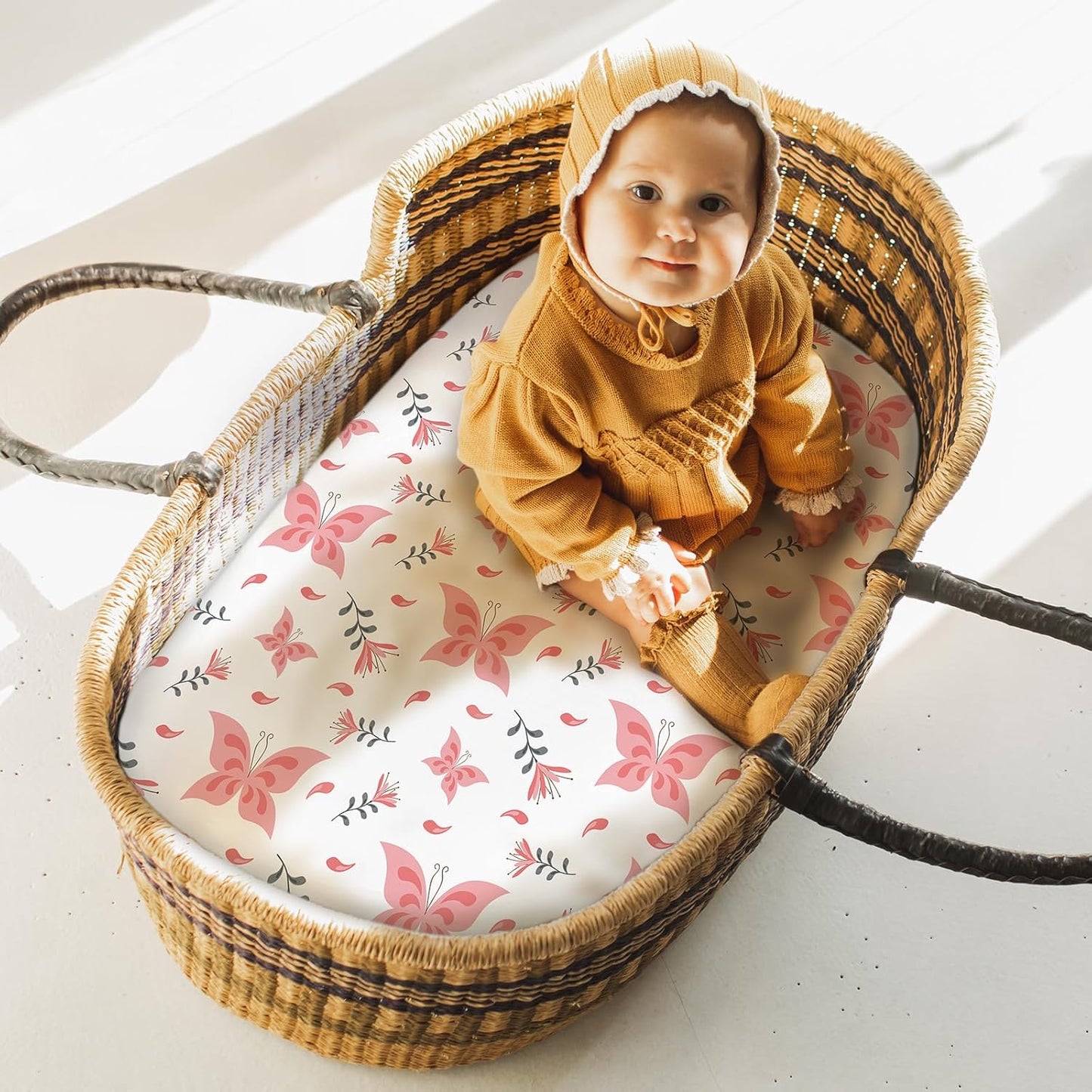 Yoofoss Bassinet Sheets for Baby,3-Pack Fitted Bassinet Sheets Set Compatible with Halo Bassinest Swivel Sleeper,Baby Delight,Angelbliss,Soft Breathable Bassinet Mattress Sheets(Pink+Butterflies)