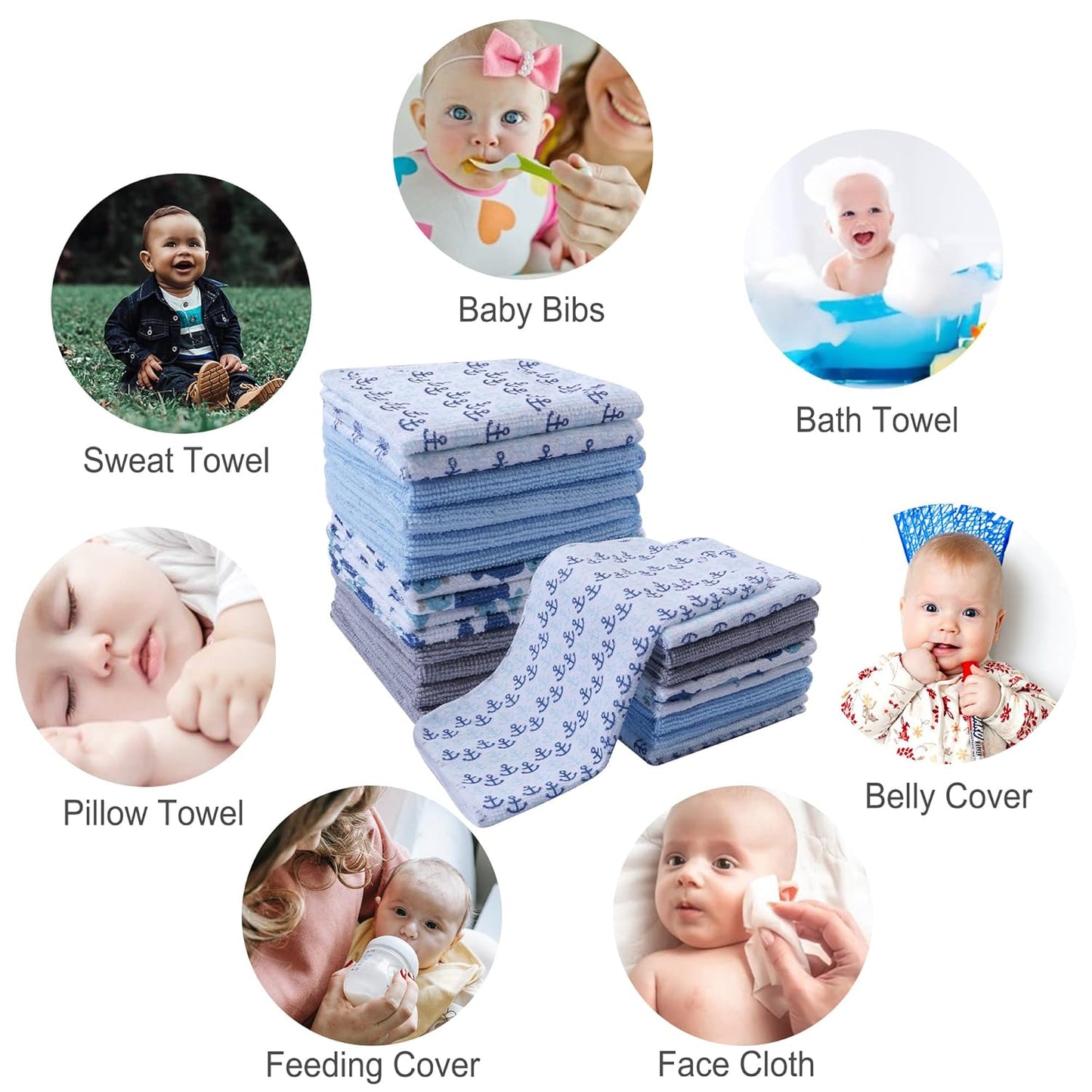 softan Baby Washcloths, 24Pack Baby Wash Cloths Extra Soft & Ultra Absorbent, Baby Towels and Washcloths Face Towel Unisex for Boys Girls Body, Washclothes Gentle on Sensitive Skin, 9x9 Whale & Anchor