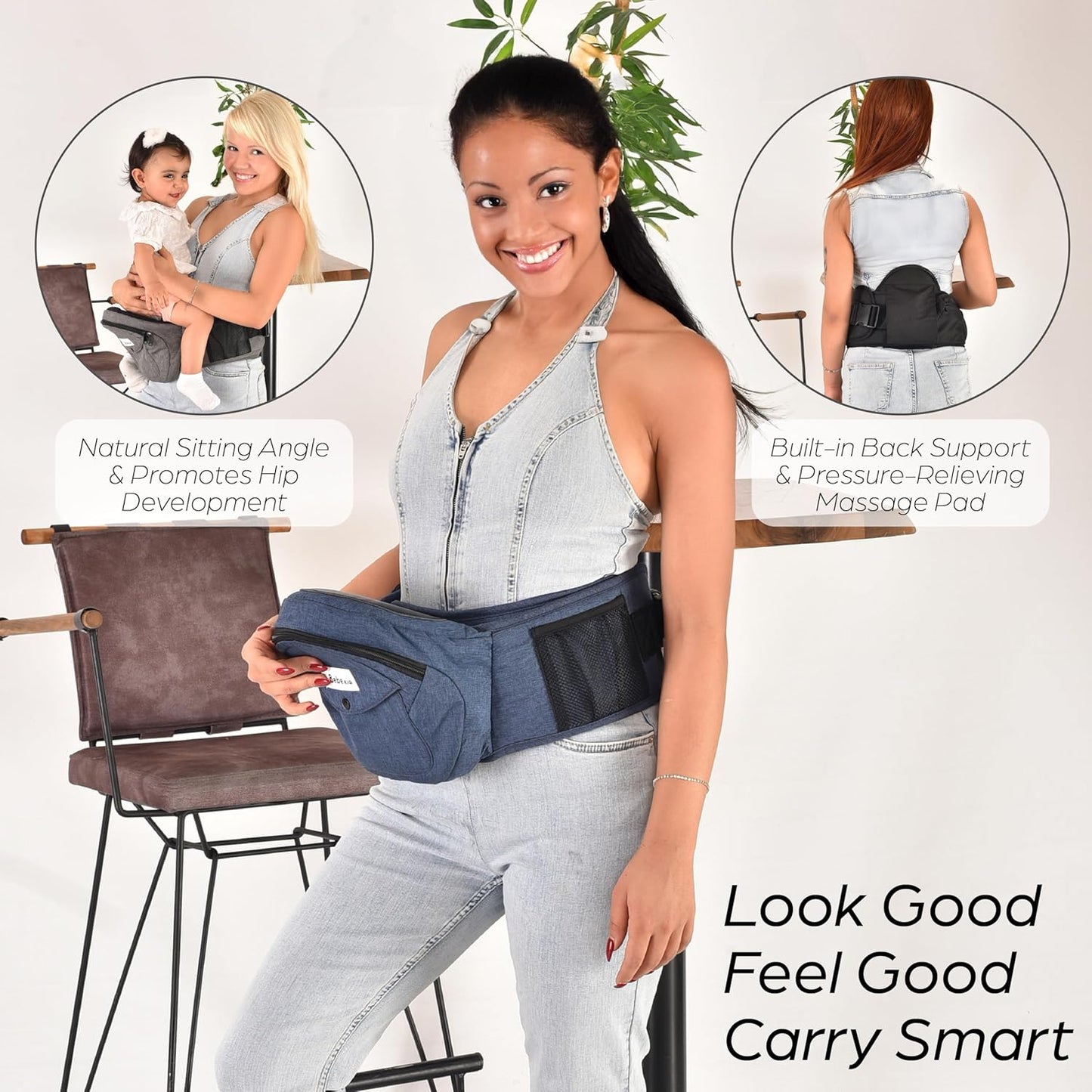 Baby Carrier with Hip Seat - with Lumbar & Back Support – Adjustable Waistband with Strong Support - Health Certified, Machine Washable, Fits Medium–Large (Black) (Blue)