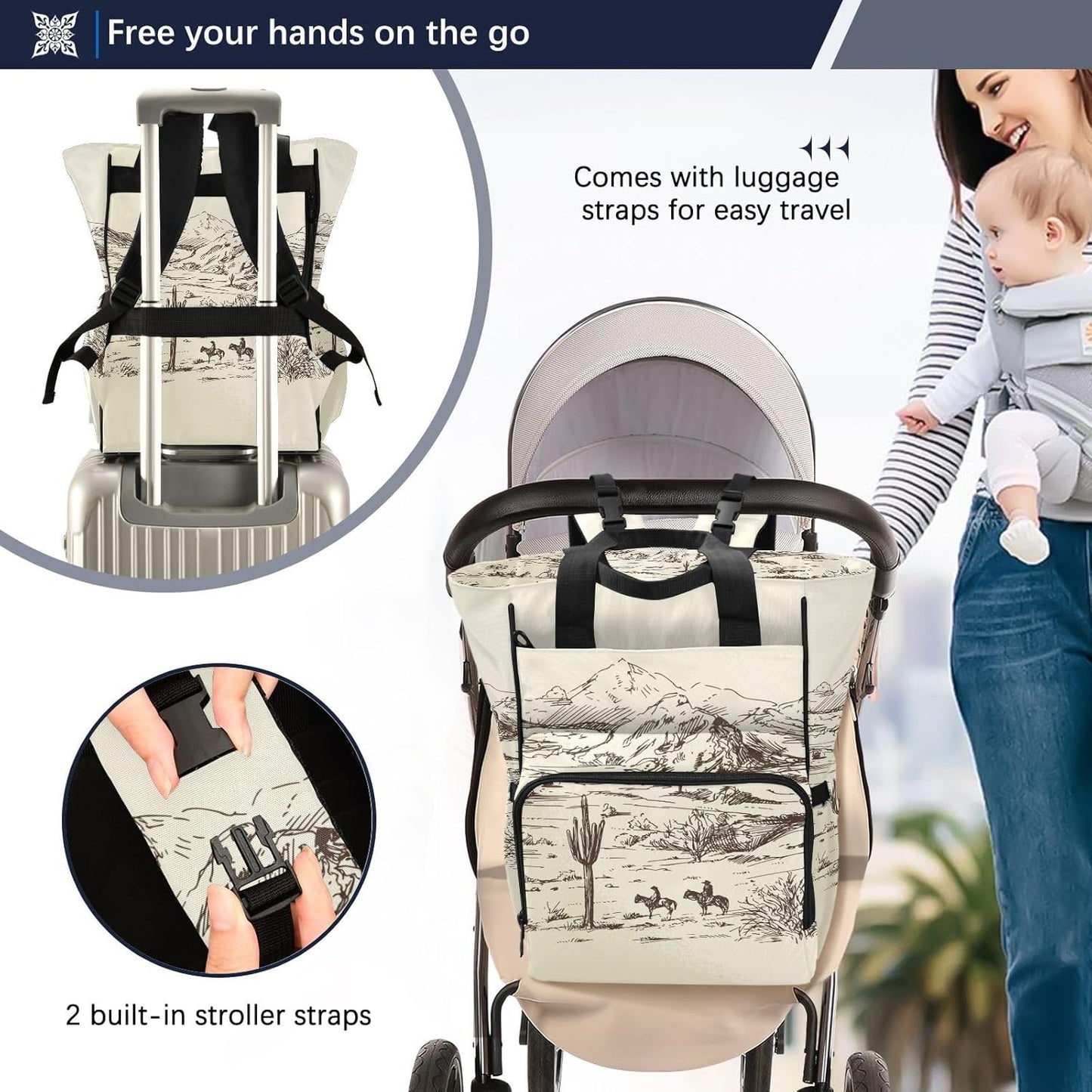 Diaper Bag Backpack West Desert with Cowboys Travel Diaper Bags for Women, 10L Functional Baby Changing Bag with Insulted Pockets, Stroller Straps