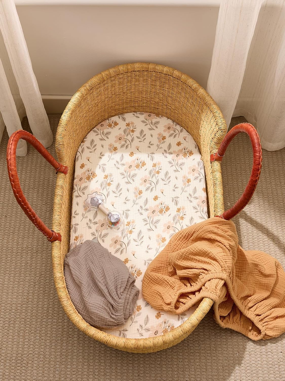 TILLYOU Muslin Bassinet Sheets for Baby Boys Girls 3 Pack, Soft Breathable Elastic Cotton Bassinet Mattress Sheets, Fit Hourglass Oval Rectangle Cradle Mattress, 33"X17",Yellow Flower