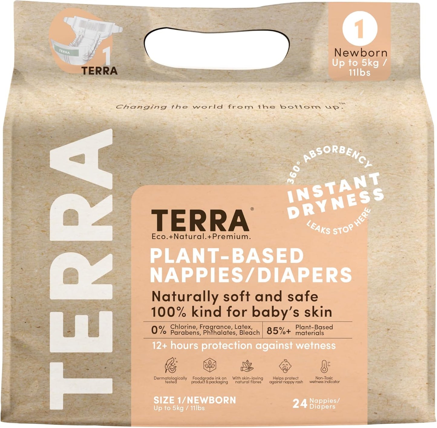 Terra Size 1 Newborn Diapers: 85% Plant-Based Diapers, Ultra-Soft & Chemical-Free for Sensitive Skin, Superior Absorbency for Day or Nighttime Diapers, Designed for Newborns up to 11 Pounds, 24 Count