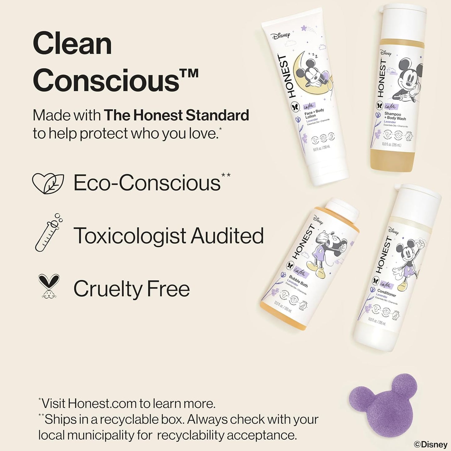 The Honest Company Calm Lavender Bathtime Gift Set and Disney Design Hypoallergenic Bath for Sensitive Baby Skin Shampoo and Body Wash Face and Body Lotion Bubble Bath Conditioner Sponge