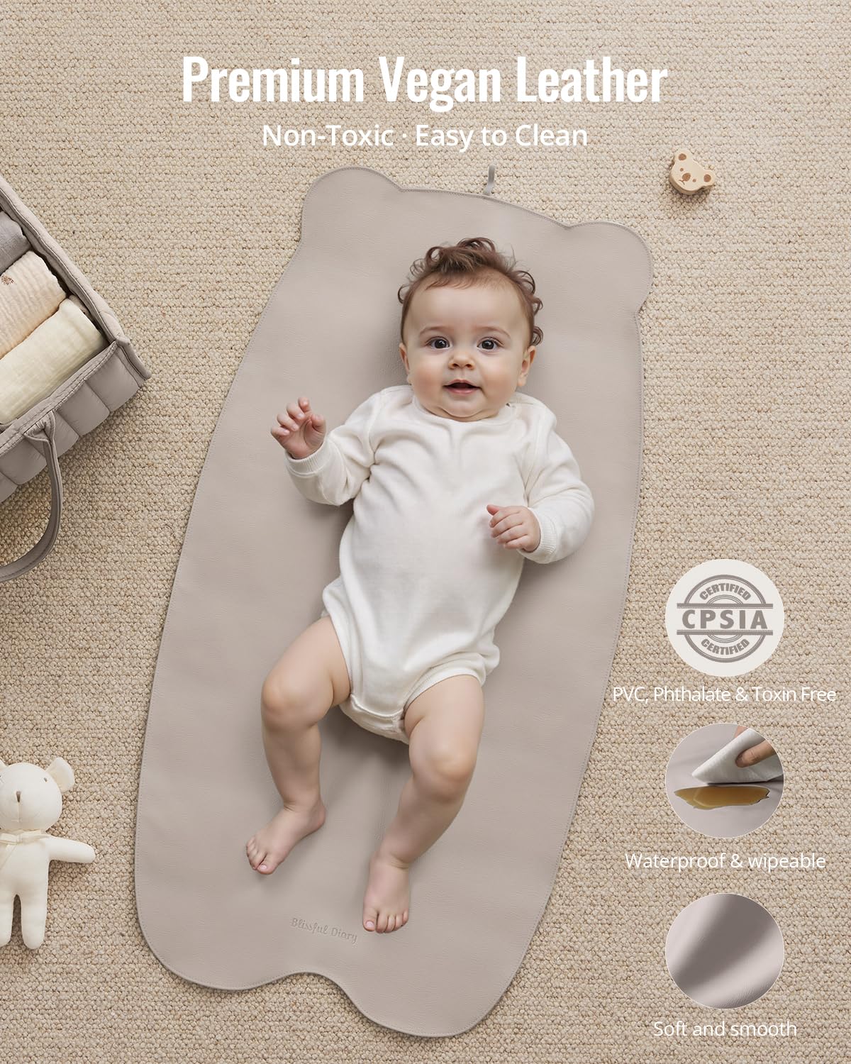 Blissful Diary Vegan Leather Portable Changing Pad, Wipeable & Waterproof Baby Change Mat in Diaper Bag, Travel Essential & Registry Gift, Taupe