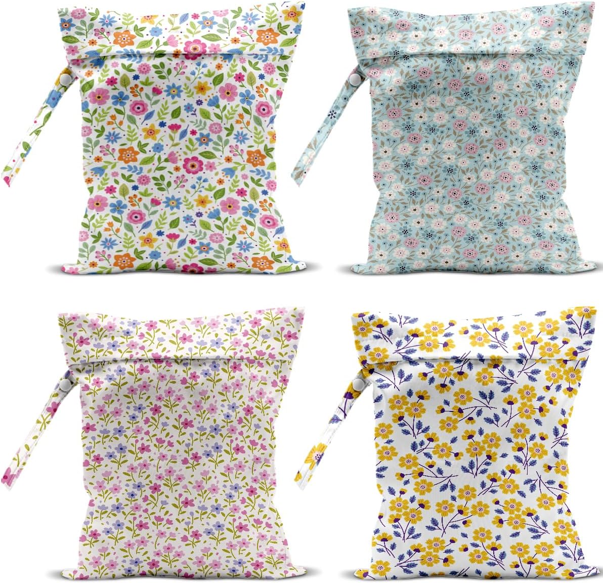 4 Pack Cute Wet Bag Waterproof Washable Reusable Wet Dry Bag for Swimsuit Dirty Clothes Diaper Travel Beach Pool Gym Party Birthday Camping Toiletries Beach Essentials，Colorful Floral Wildflower