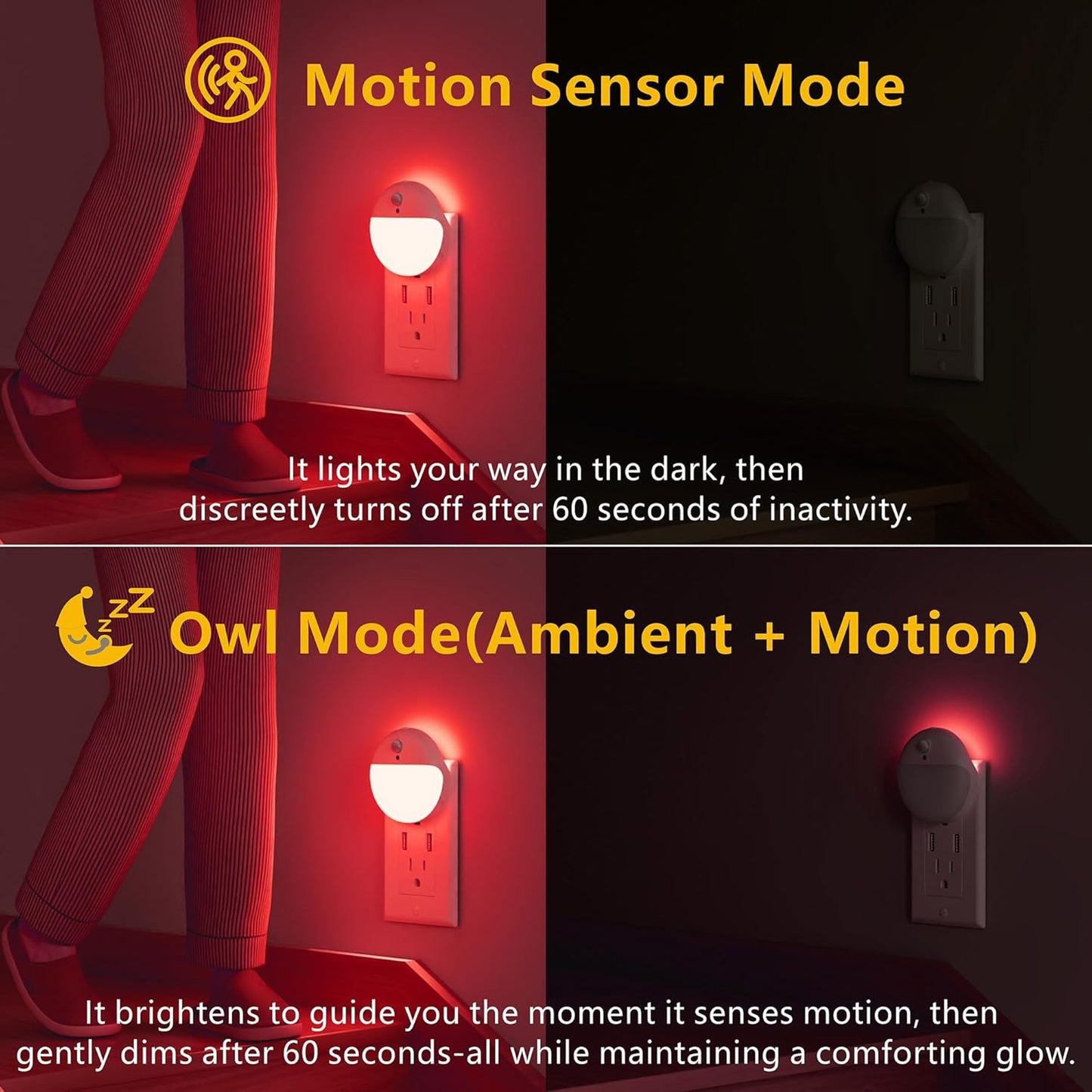 2 Pack Plug in Red Sleep Night Light with Motion Sensor and Dusk to Dawn Sensor, 3 Modes, Soft Glow, Stepless Dimming, LED Lights for Bedroom, Sleep, Baby Nursery, Kids, Toddler, Home Decor