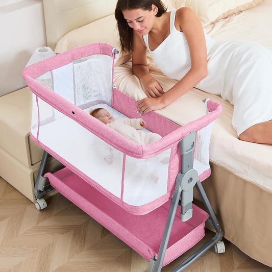 3-in-1 Baby Bassinet Bedside Sleeper with Wheels Bedside Bassinet for Newborn and Infant with Mattress and Storage Basket | Adjustable Height & Angle (13.5-18") | ASTM/CPSIA Certified (Pink)