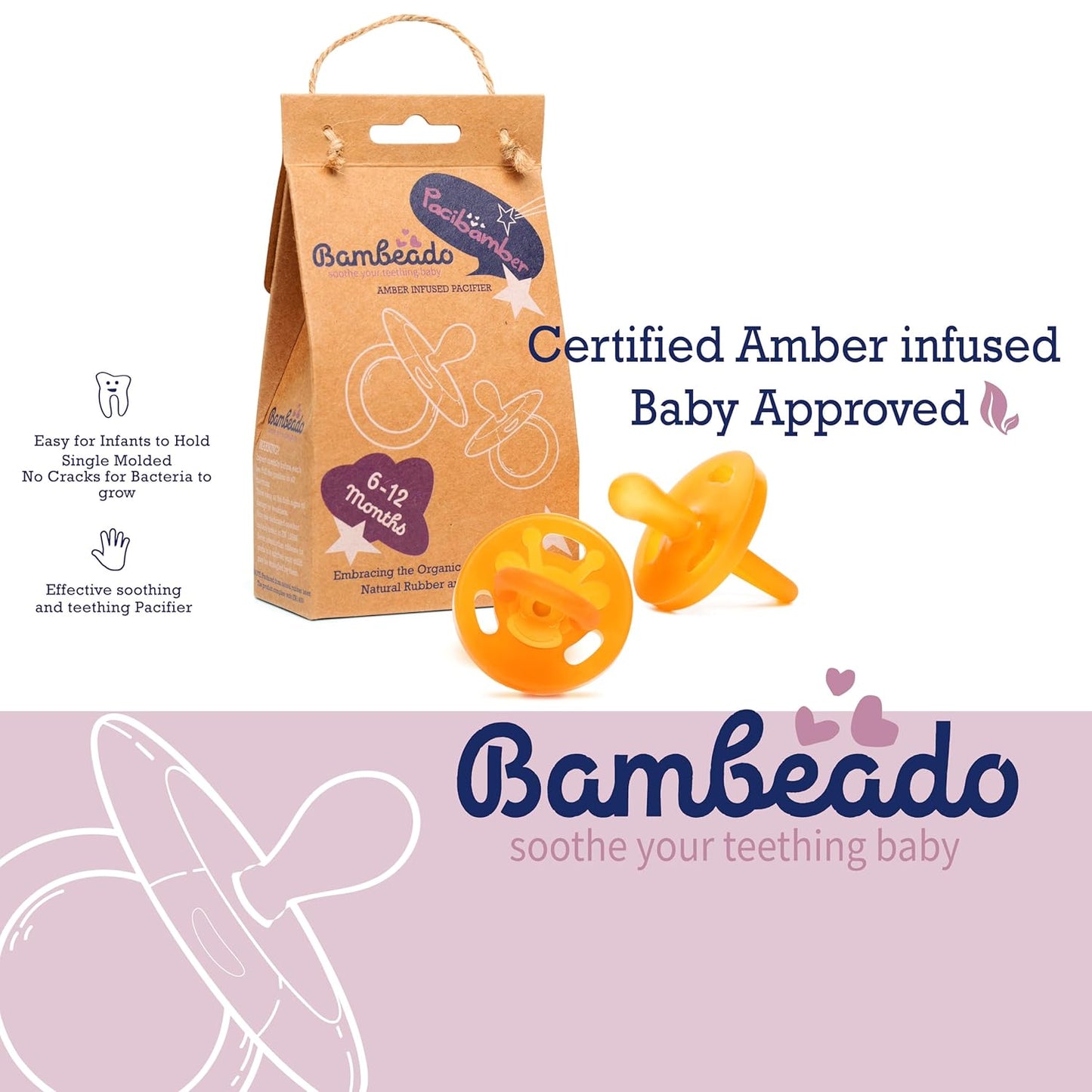 PaciBamber - Natural Pacifier and Baby Teething Toy Amber Oil Pacifier, Special Baltic Amber with Natural Rubber BPA-Free and Soft for Sore Gums, Baby Pacifiers 6-12 Months (PaciBamber-2unit)