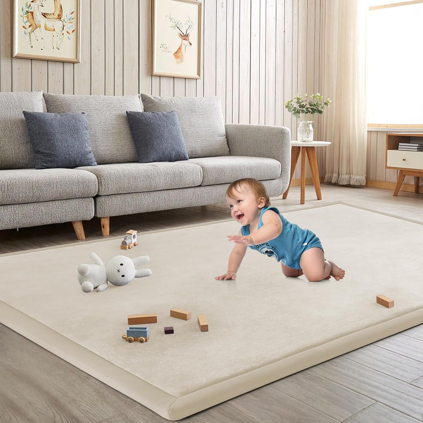 Baby Play Mat for Floor Tummy Time Nursery Rug Muscle Mat Area Playroom Rug Tatami 50 * 50" Memory Foam 1.3" Thick Crawling Time For Babies,Toddlers, Infants, Kids(Beige)