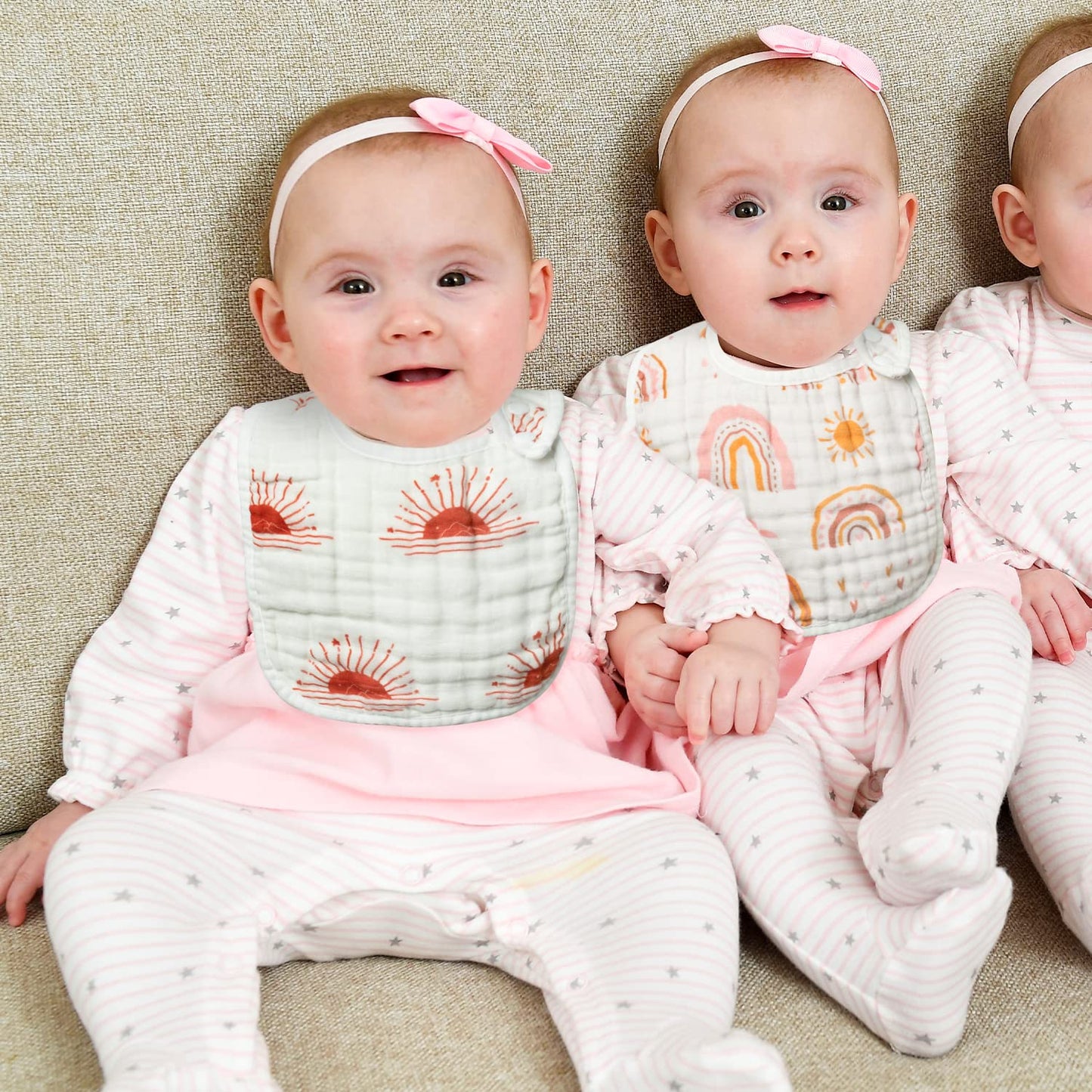 Zainpe 6Pcs Snap Muslin Cotton Bibs for Baby Rainbow Sun Star Adjustable Feeding Bib, Machine Washable Unisex Burp Cloths with 6 Absorbent Soft Layers for Infant Newborn Toddler Drooling Teething