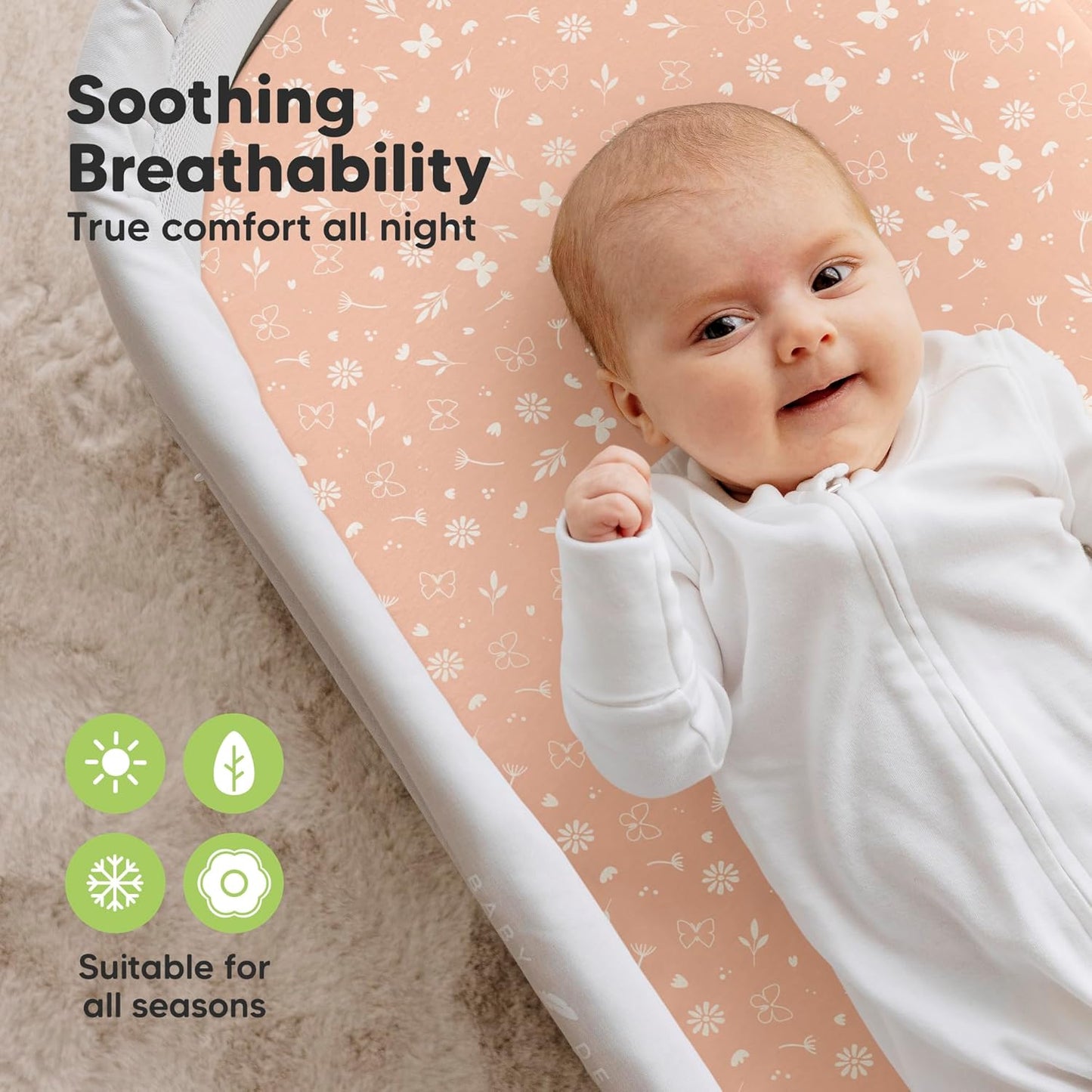 2-Pack Organic Bassinet Sheets for Girls, Boys - 100% Cotton Bassinet Mattress Sheets Compatible with Halo Bassinest Swivel Sleeper, Graco, Baby Delight, Chicco, Fitted Bassinet Sheets (Butterflies)