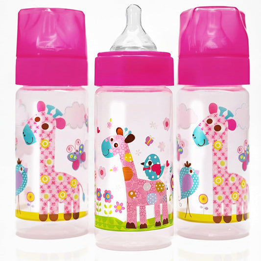 Avima 9 oz Anti Colic Baby Bottles for Breastfed Babies - Medium Flow Nipples, Wide Neck Bottle, BPA Free - 3-6 Months, Stage 2 (Set of 3) Pink Baby Bottles - Giraffes