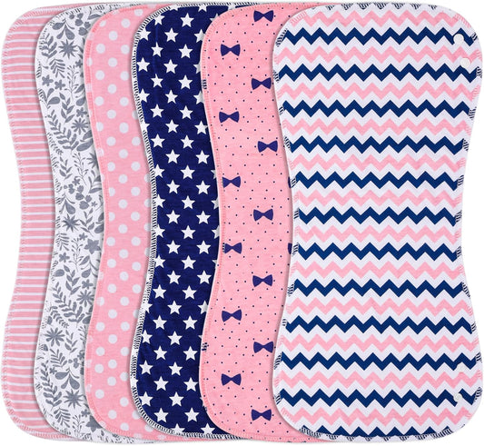 2-in-1 Burp Cloths and Baby Bibs - 6 Pack Large Super Absorbent Soft Cotton Burping Cloths for Spit Up, 3 Layers Thick Baby Burp Rags for Girls & Boys