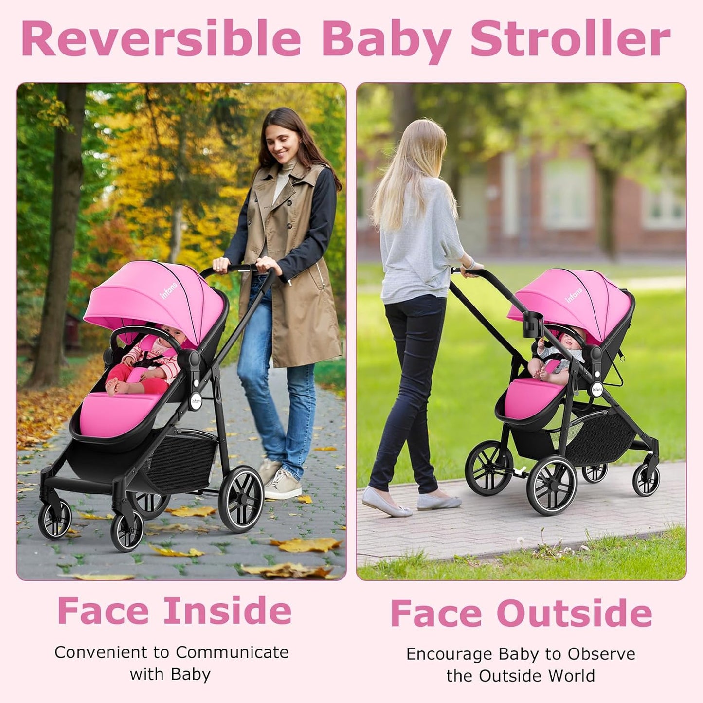 INFANS 2 in 1 Baby Stroller, High Landscape Infant Stroller & Reversible Bassinet Pram, Foldable Pushchair with Adjustable Canopy, Storage Basket, Cup Holder, Suspension Wheels (Pink)
