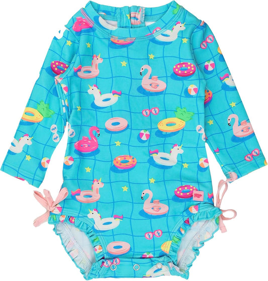 RuffleButts Baby Girls UPF 50+ Sun Protection Novelty Print Long Sleeve One Piece Rash Guard Swimsuit with Zipper