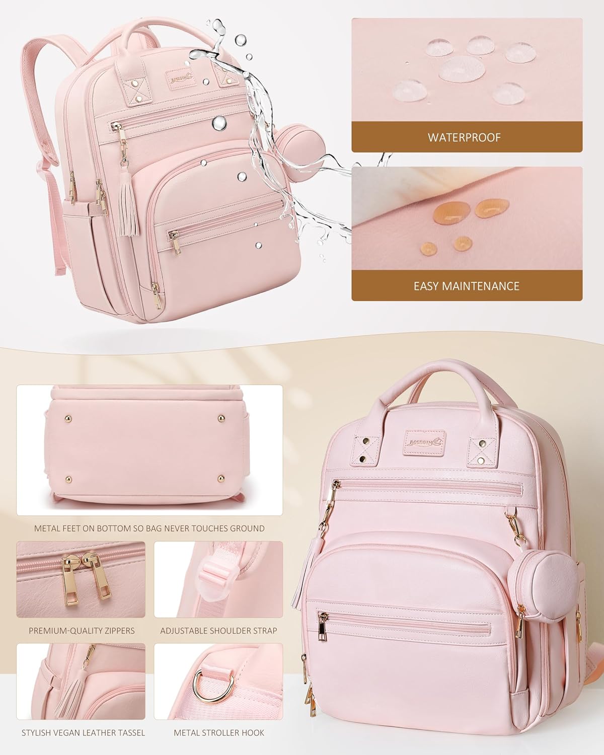 Premium Vegan Leather Diaper Bag Backpack with Waterproof Changing Pad, Reinforced Zippers & Odor-Free, 20 Pockets Pro Organizer, Fits 15.6" Laptop, Stroller Straps, Baby Bag for Mom, Pink