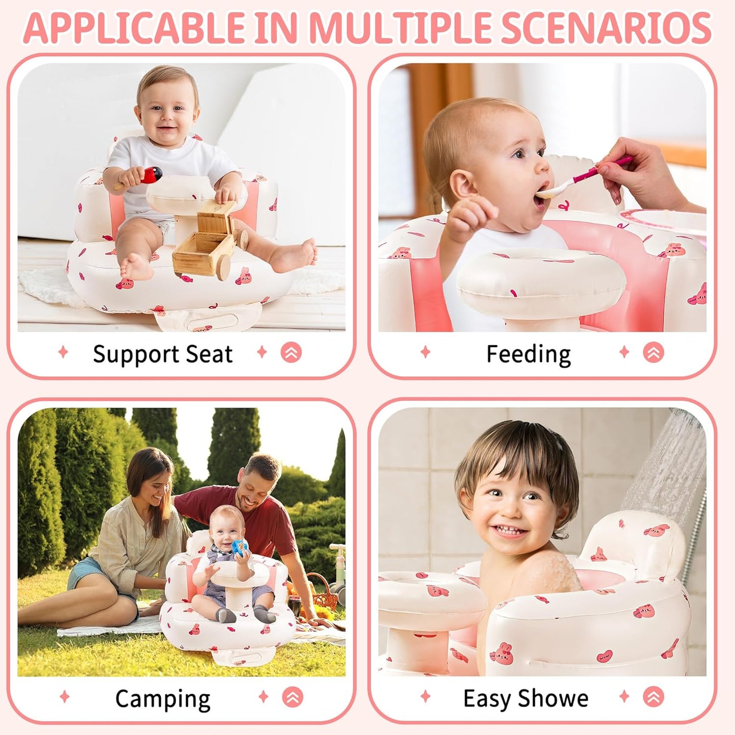 Inflatable Baby Seat for Babies 3-36 Months, Baby Chair with Tray & Built in Air Pump, Blow Up Floor Baby Seat with Back Support, Baby Chair Sit Me Up for Home, Travel (Bunny with Tray)