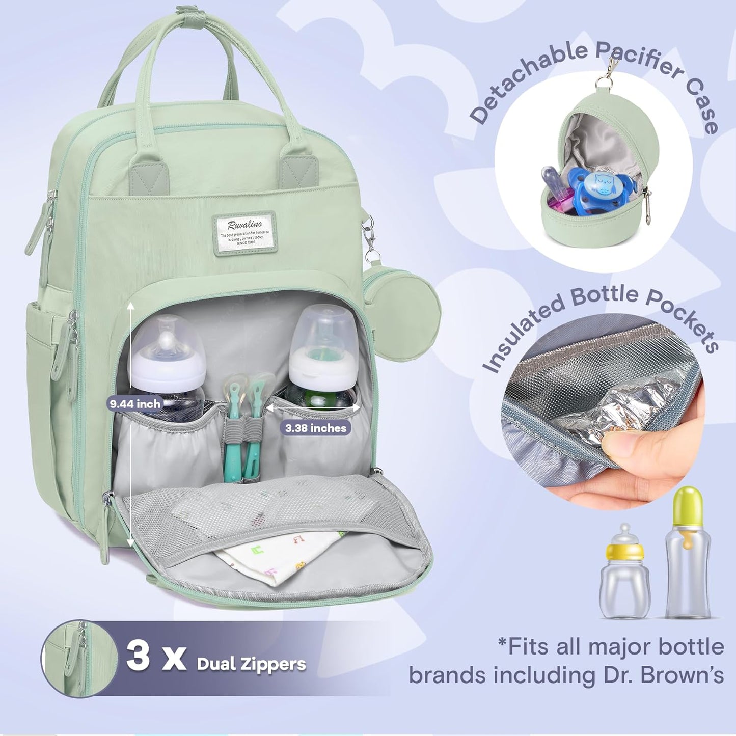 RUVALINO Diaper Bag Backpack-Multifunction Baby Travel Bag with Changing pad, Insulated Bottle Holders & Pacifier Case, Large Capacity, Waterproof, Mint Green