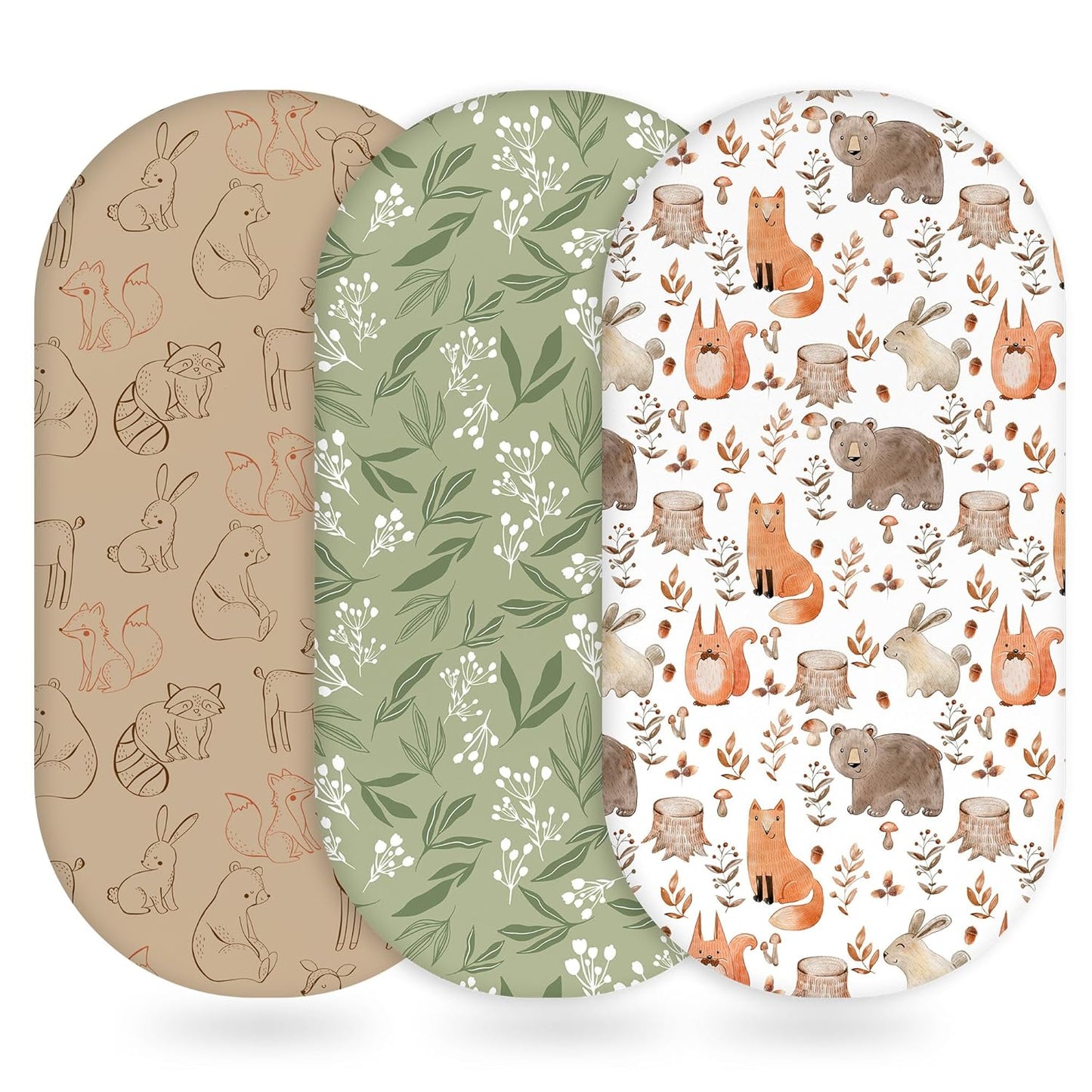 Baby Bassinet Sheets Girl Boy, Fitted Bassinet Sheet Set 3 Pack Bassinet Mattress Sheets Universal Fit for Rectangle, Round, Oval, Hourglass Mattress, Soft Breathable Green & Brown Fox