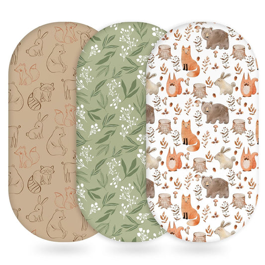 Baby Bassinet Sheets Girl Boy, Fitted Bassinet Sheet Set 3 Pack Bassinet Mattress Sheets Universal Fit for Rectangle, Round, Oval, Hourglass Mattress, Soft Breathable Green & Brown Fox