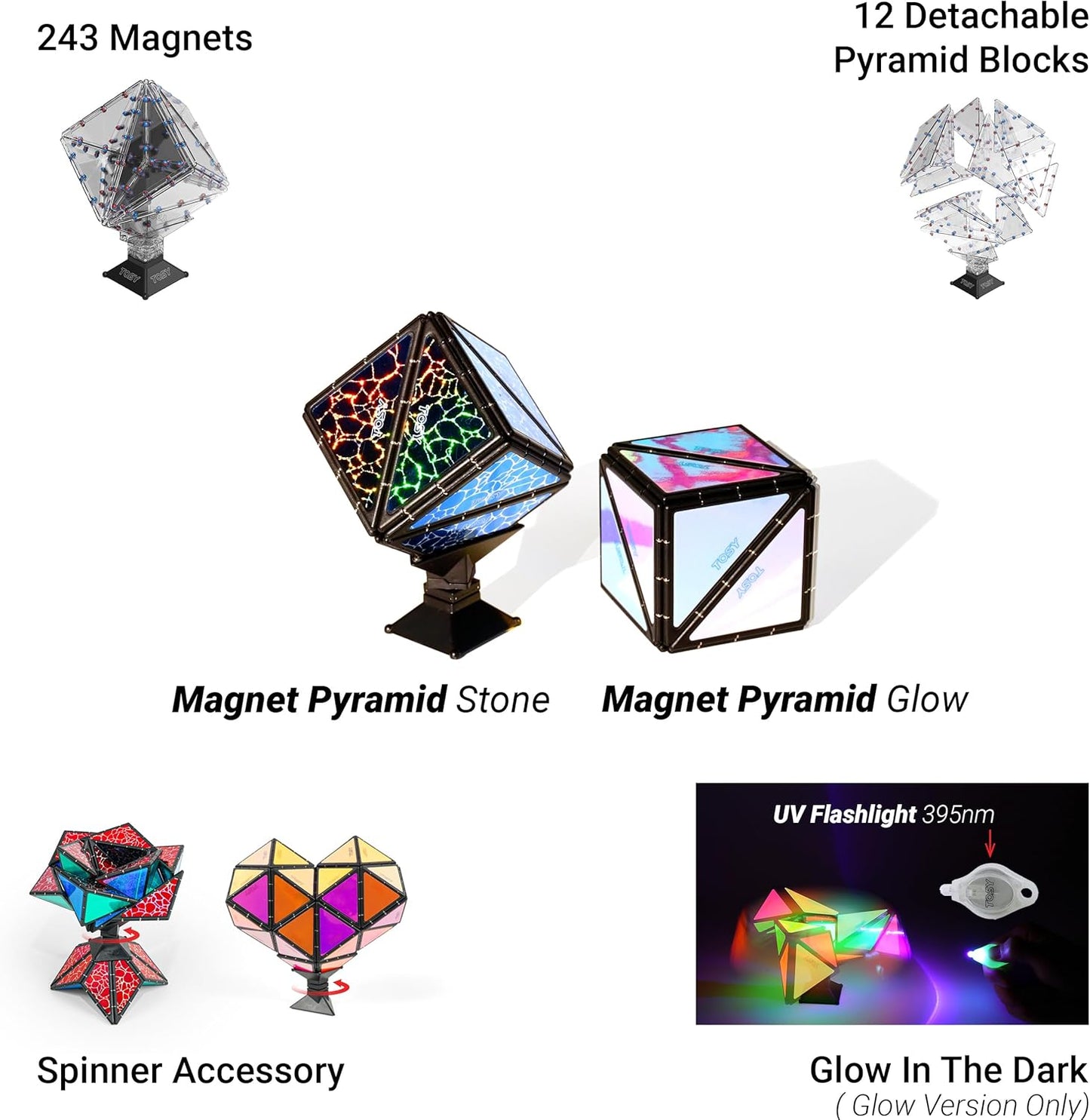 TOSY Magnet Pyramid Stone - 1 Cube Transforms into 1 Billion Shapes, 14 pcs (12 Puzzle pcs and 2 Spinners), 243 Rare Earth Magnets, Christmas Stocking Stuffers Gift for Kids, Creative Puzzle STEM Toy