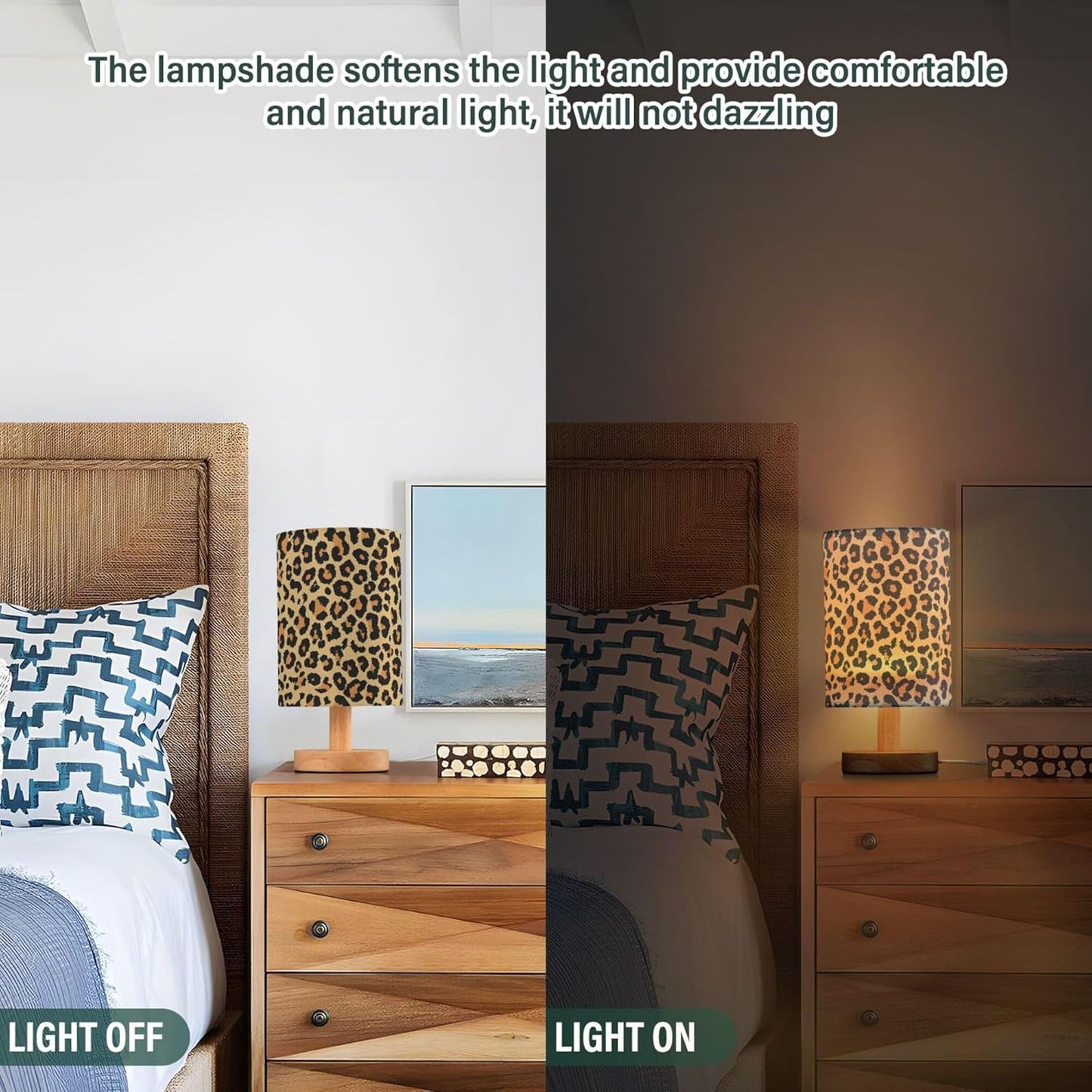 Table Lamp Leopard Print Wild Animal Skin Scale Design Pattern Nightstand Lamp with Wood Base Fabric Lamp Shade Bedside Desk Lamp for Living Room Bedroom Kids Room Office