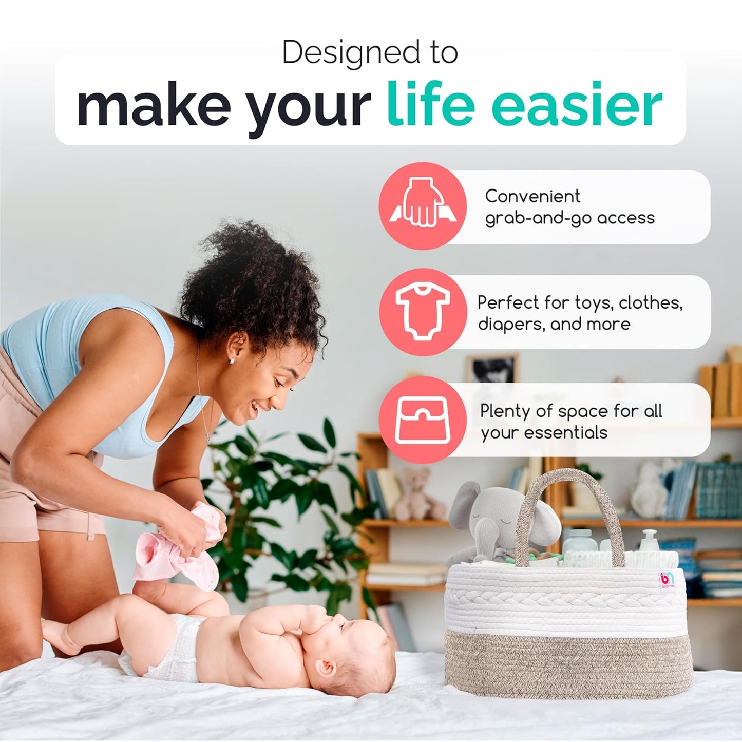 Rope Diaper Caddy - Storage for Baby and Toddler Items - Portable Cotton Organizer Easily Holds Diapers, Wipes, Clothing - Useful for Nursery, Bedroom (Beige, Regular)