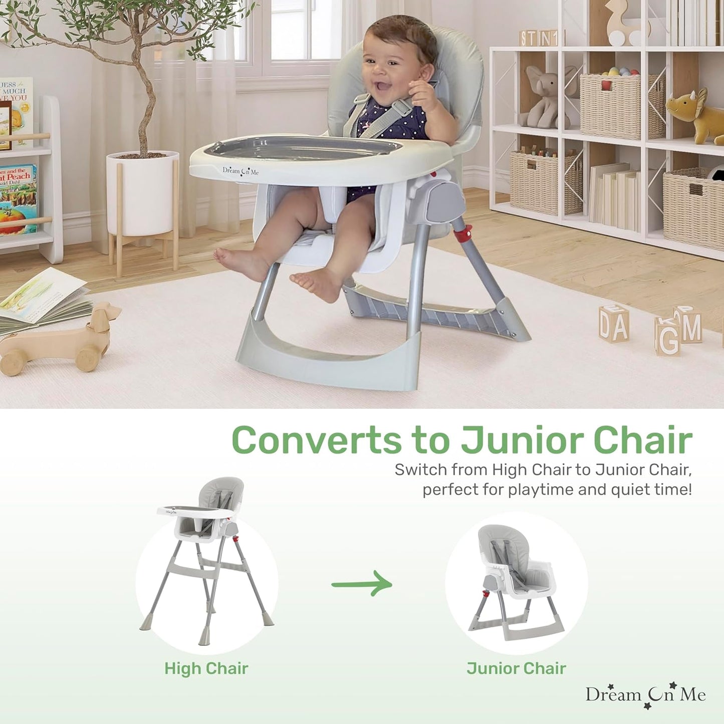 Dream On Me Portable 2-in-1 Tabletalk High Chair, Convertible Compact High Chair, Light Weight Portable Highchair, Grey