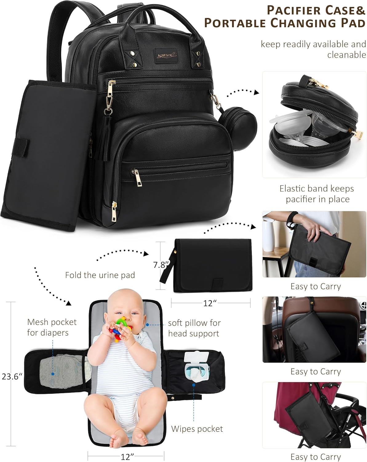 Premium Vegan Leather Diaper Bag Backpack with Waterproof Changing Pad, Reinforced Zippers & Odor-Free, 20 Pockets Pro Organizer, Fits 15.6" Laptop, Stroller Straps, Baby Bag for Mom, Black