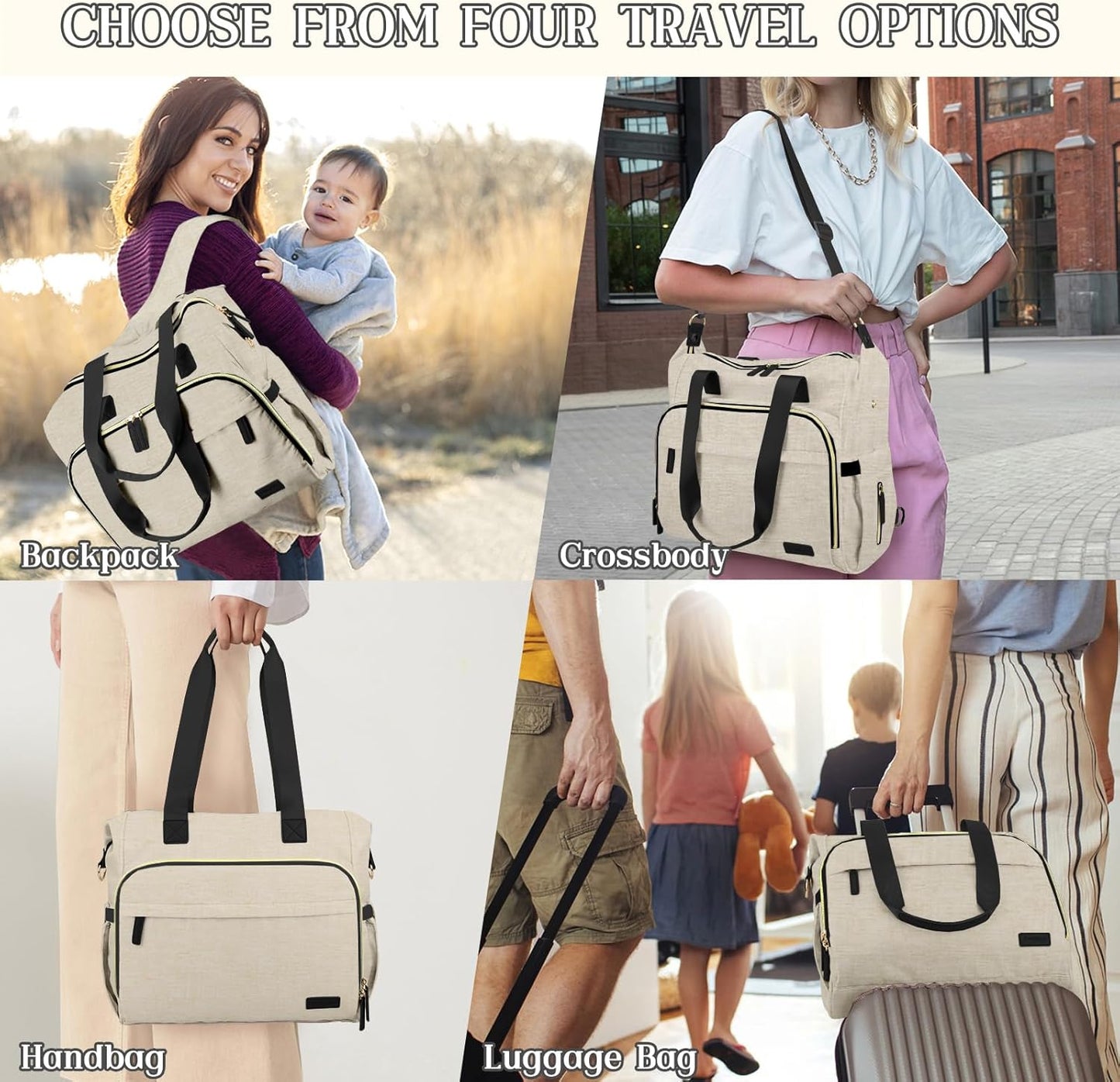 Diaper Bag Backpack, Mommy Travel Diaper Bag Tote with Shoulder Strap, Hospital Bag, Weekender Baby Bag for Mom