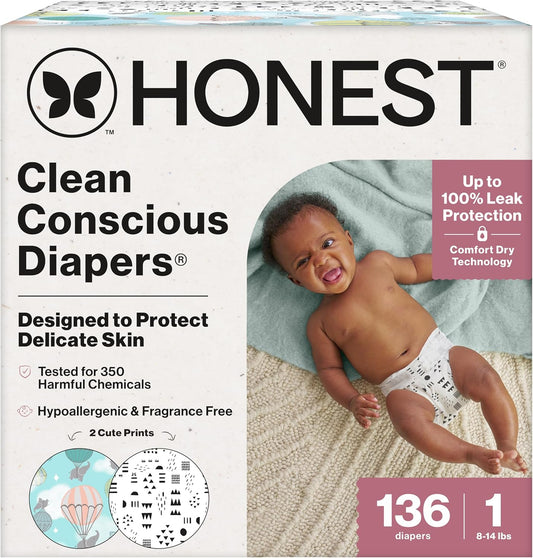 The Honest Company Clean Conscious Diapers for Sensitive Skin, Up to 100% Leakproof Hypoallergenic Fragrance-Free Baby Diapers, Gender Neutral Prints, Super Club Box, Size 1 (8–14 lbs), 136 Count