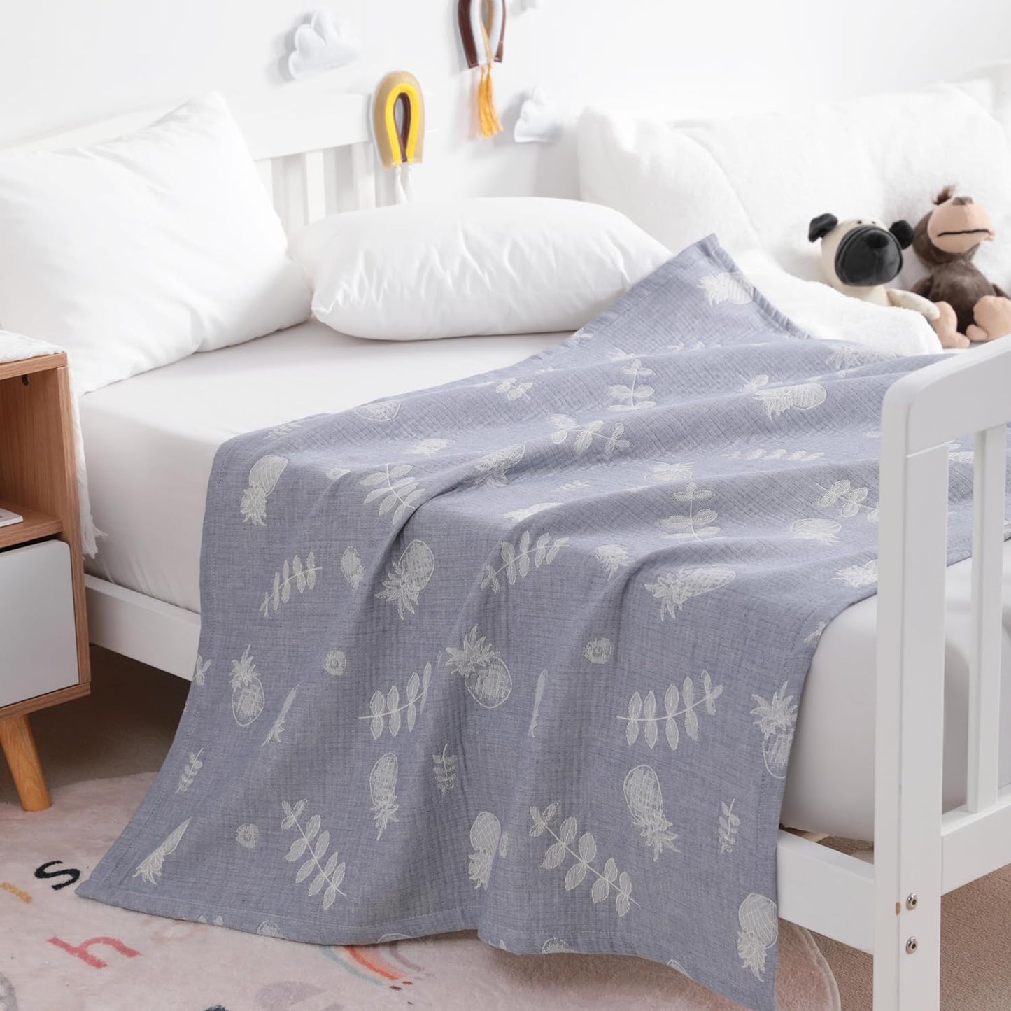 NTBAY 3 Layer Toddler Blanket, Muslin Cotton Jacquard Bed Blankets, Lightweight Thermal Baby Blanket, Super Soft and Warm Crib Blanket for All Seasons, Decoration Gift, 30"x40", Blue Pineapple