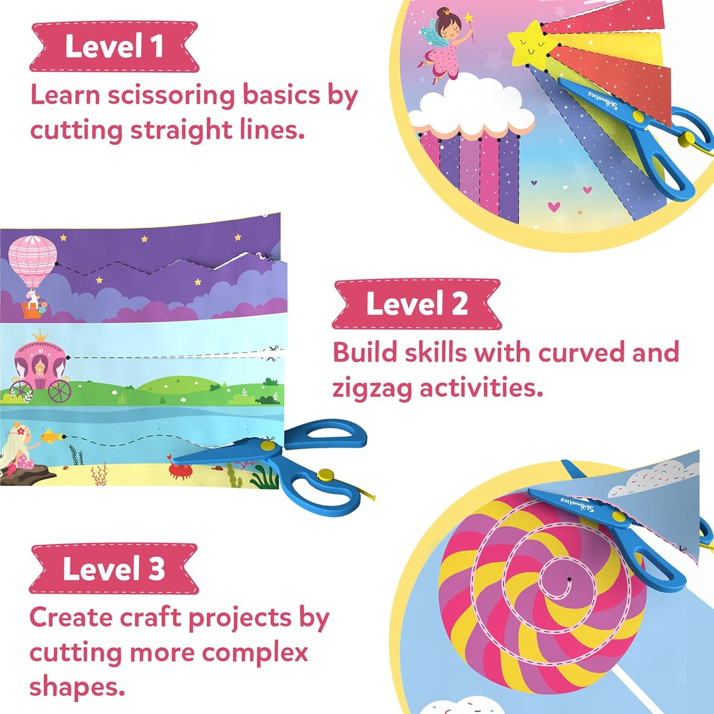 Skillmatics Scissor Skills Activity Book - Snip Snip Unicorns & Princesses, Stocking Stuffers, 25 Fun Cutting Activities, 2 Child-Safe Scissors, Felt Craft Kit, Christmas Gifts for Ages 3, 4, 5, 6, 7