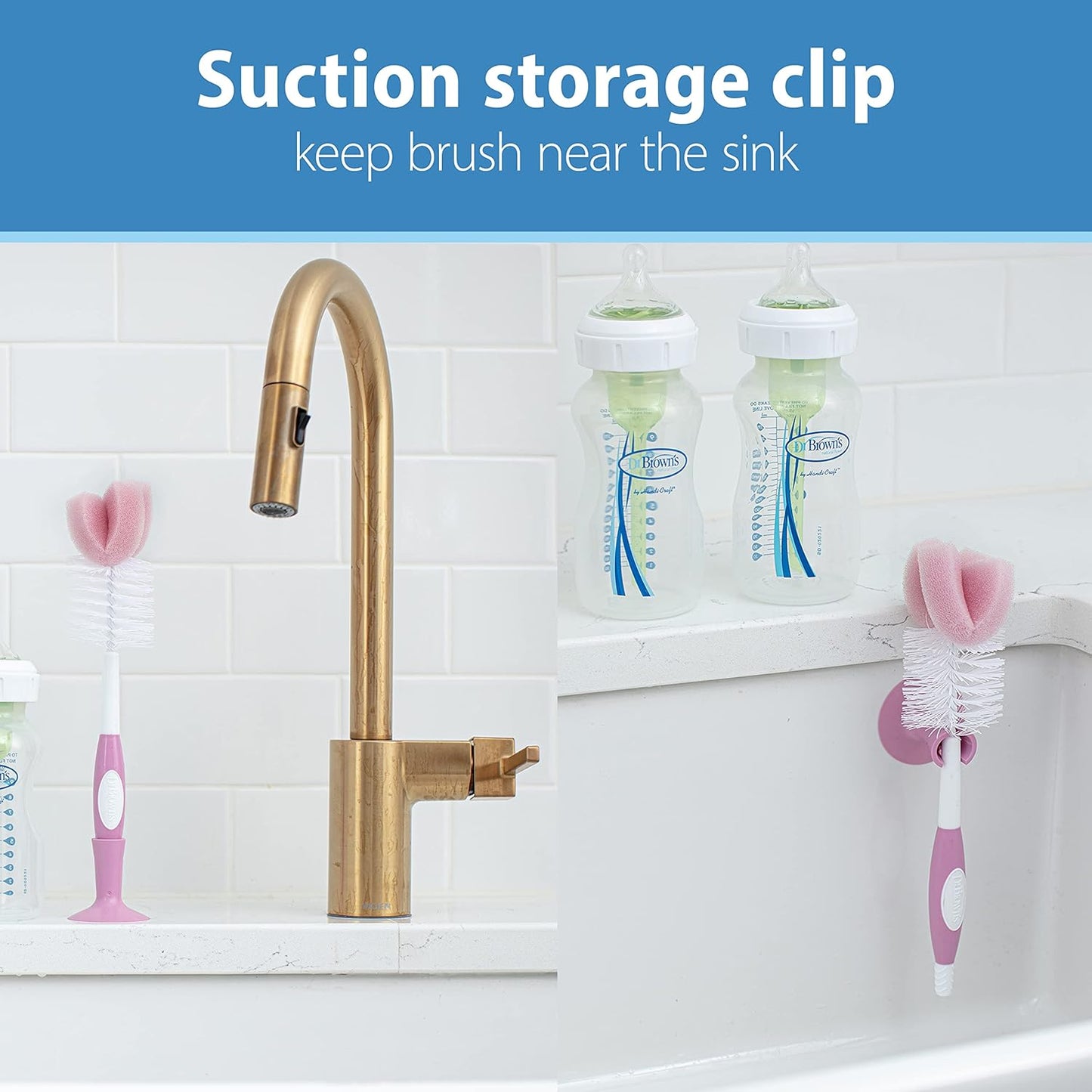 Dr. Brown's Reusable Sponge Baby Bottle Cleaning Brush Set with Suction Cup Stand, Scrubber and Nipple Cleaner, Pink, 3 Pack