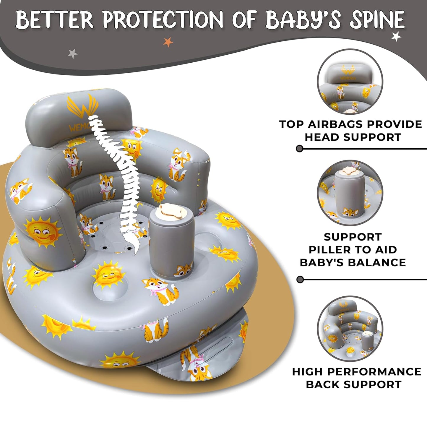 Inflatable Baby Seat for Babies 3-36 Months Blow Up Chair for Babies Infants Toddler Floor Sitting Up with Built in Air Pump (Grey, Tigers & Suns)