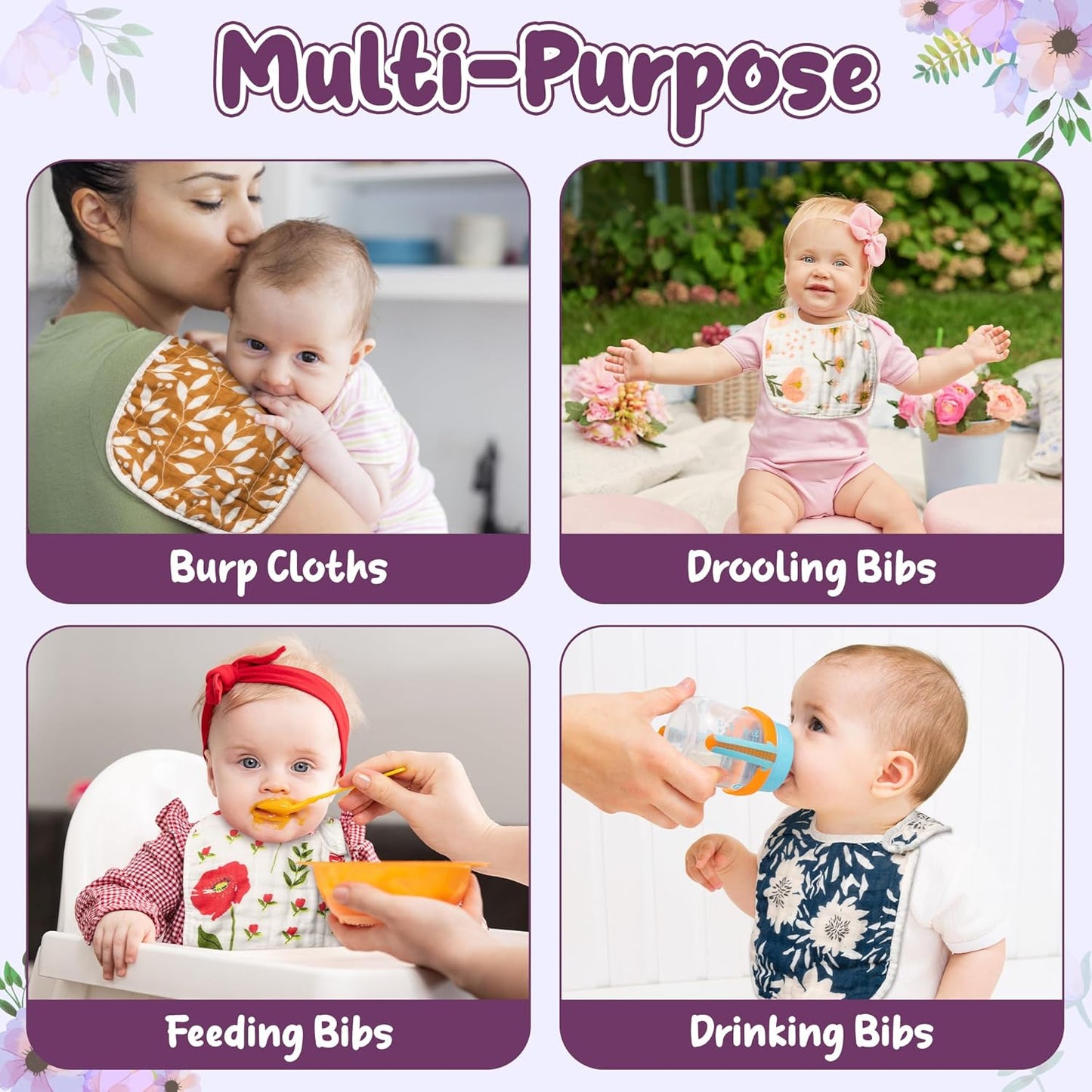 Zainpe 6Pcs Snap Muslin Cotton Baby Bibs Flower Pattern Infants Drooling Bib Soft Absorbent Adjustable Burp Cloths Feeding Cloth for Unisex Newborns Girls Boys Toddlers Teething Eating 0 to 36 Months