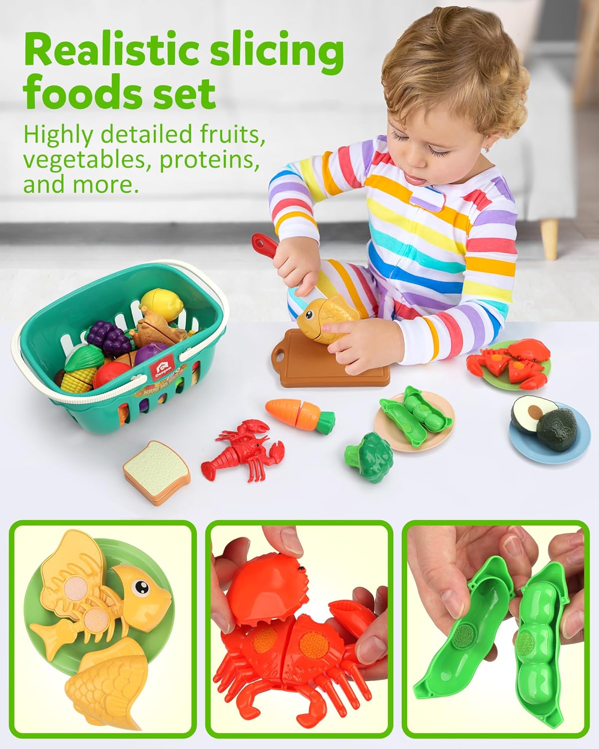 Coogam Pretend Play Food Kitchen Accessories for Kids, Fake Fruits Meats Vegetables Cutting Food with Shopping Storage Basket for Preschool Activities, Daycare Educational Toy for 3 4 5 Years old Kids