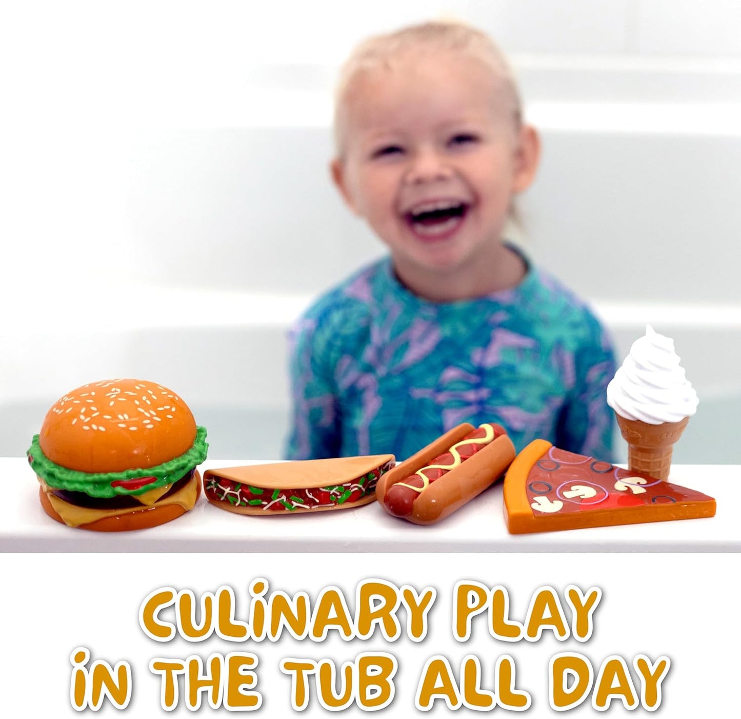 SplashEZ Food Bath Toys | Mold Free Bath Toys for Kids & Toddlers with No Hole for Water | Ideal Size for Little Hands | Safe, Durable for Baby Tub Ages 0 & Up | Ice Cream Taco Hamburger Hot Dog Pizza