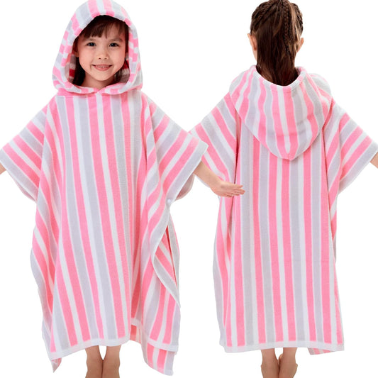 VOOVA & MOVAS Kids Poncho Towels - Soft 100% Cotton (4-8Years), Quick Dry Absorbent Light Weight Hooded Towel for Pool | Swim | Beach | Bath, Pink Gray Stripe