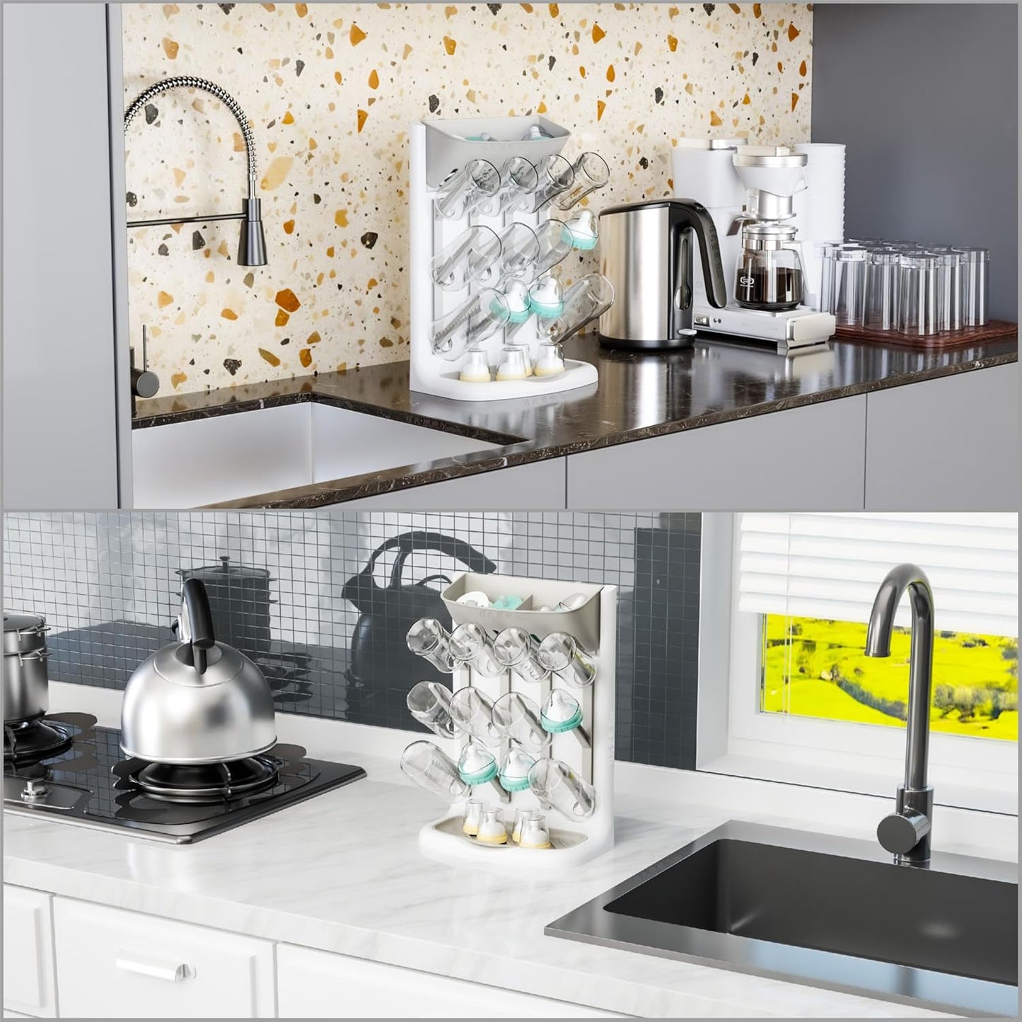 Yieach Larger Vertical Baby Bottle Drying Rack - BPA Free - Space Saving Feeding Bottles Drying Rack Holder for Countertop,Baby Bottle Holder Storage Station for Pacifiers,Pump Accessories Stand,Grey